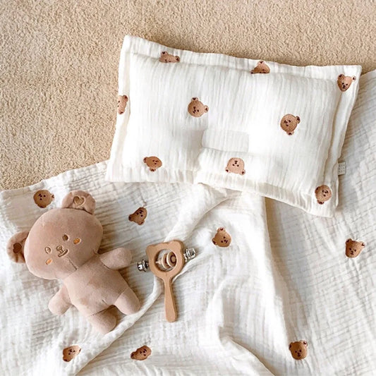 New Cotton Quilted Infant Baby Pillow  Lovely Embroidery Bear Cozy Kids Bed