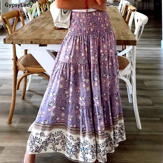 Vintage Floral Print Skirt Women Summer Boho Long Skirts Elastic Ethnic Skirt