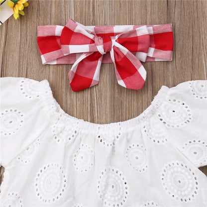 0-24m 3pcs Baby Girls Clothes Set Solid White Off Shoulder Shirt Tops Red Plaid