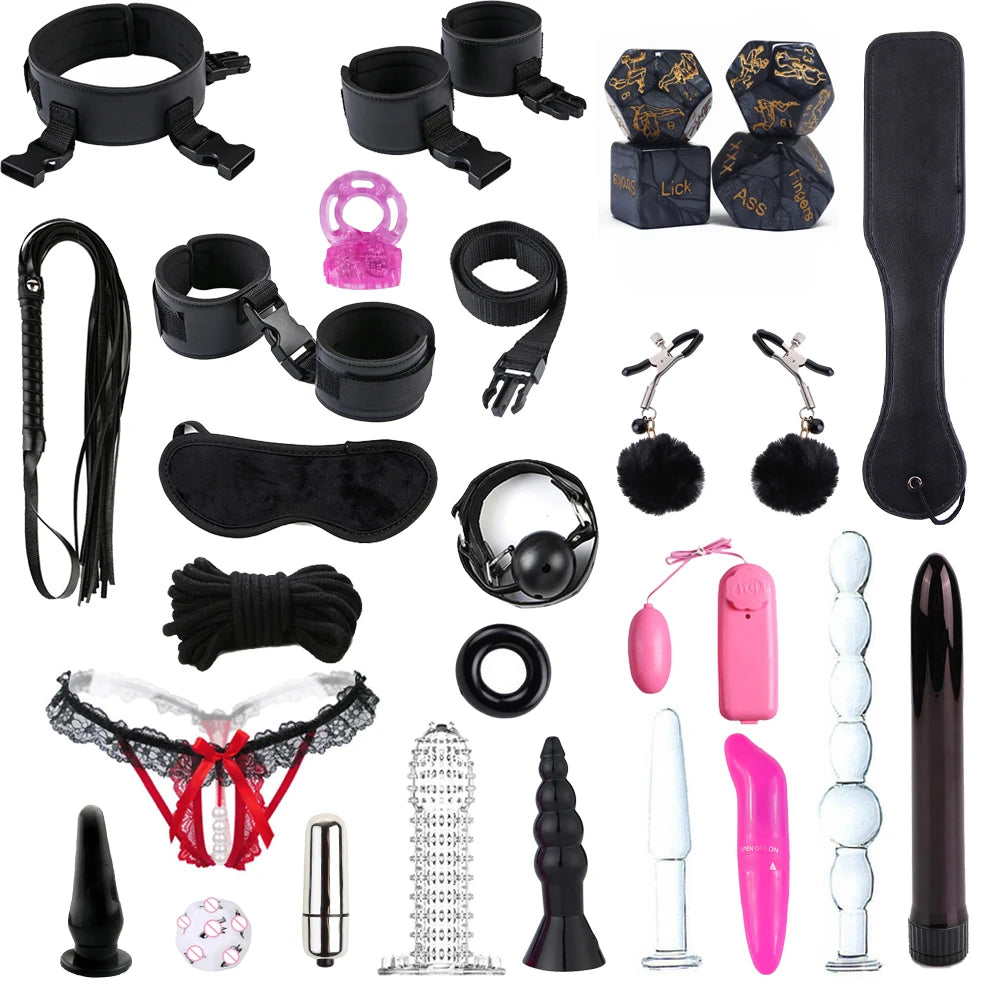 Sex Toys for Women Men Handcuffs Nipple Clamps Whip Spanking Sex Silicone Cock