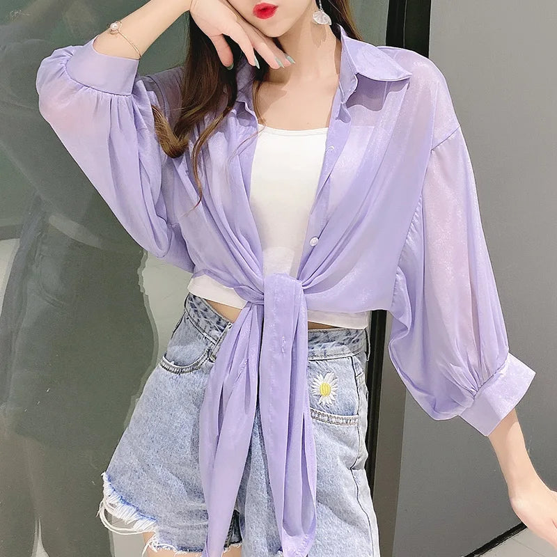 HELIAR Chiffon Shirts Women Half Sleeve Button Up Chiffon Blouses