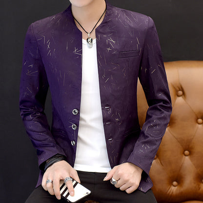 Men Blazer Suit Printed Slim Stand Collar Casual  Mens Suit Thin