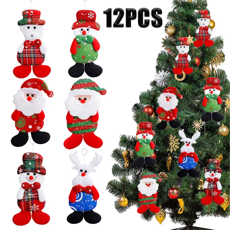 12PCS Christmas Fabric Doll Pendant DIY Xmas Gift Santa Deer Snowman Pendant