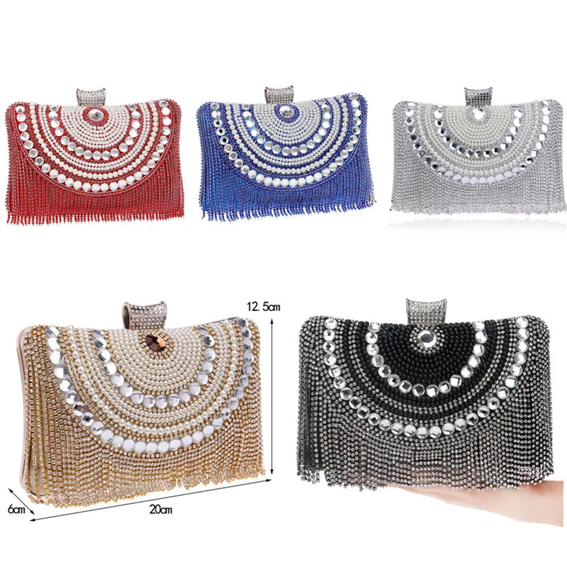 Rhinestones Tassel Clutch Diamonds Beaded Metal Evening Bags Chain Shoulder