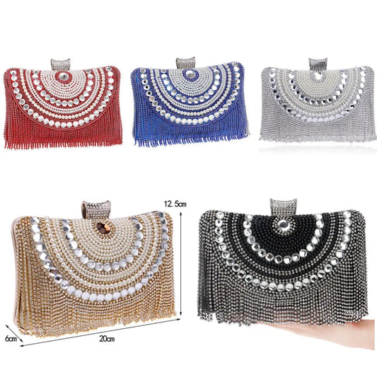 Rhinestones Tassel Clutch Diamonds Beaded Metal Evening Bags Chain Shoulder