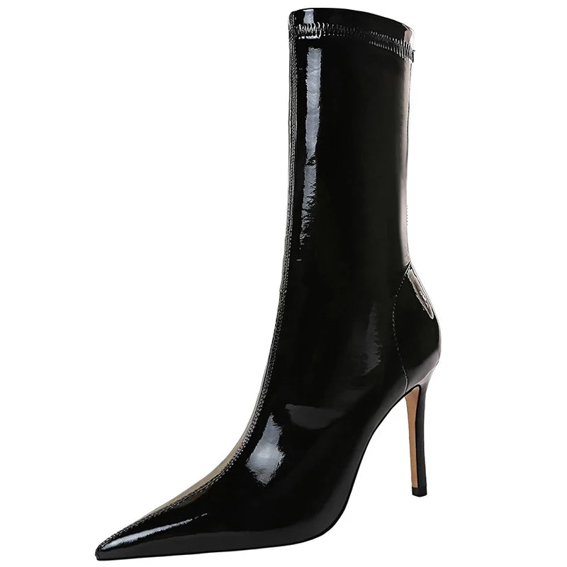 BIGTREE Shoes Patent Leather Mid-Calf Boots Women Sexy High-Heel Leather Boots