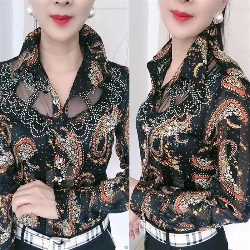 Trendy Streetwear Offce Women Blouses Hot Drill Mesh Chiffon Shirts