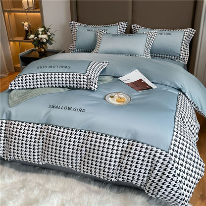 Royal Blue Modern Grid Flat Bed Sheet Bedding Set