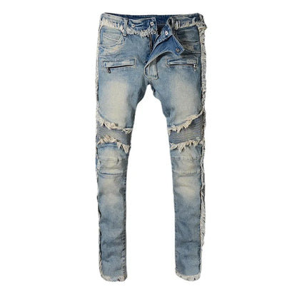 Quality Washed Cotton Ripped Stretch Slim Tassel Splicing Trouser Boys