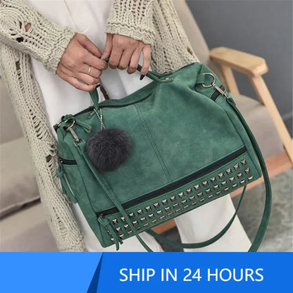 Women Shoulder Bag Vintage Nubuck Leather Ladies Handbag Rivet Large Bags