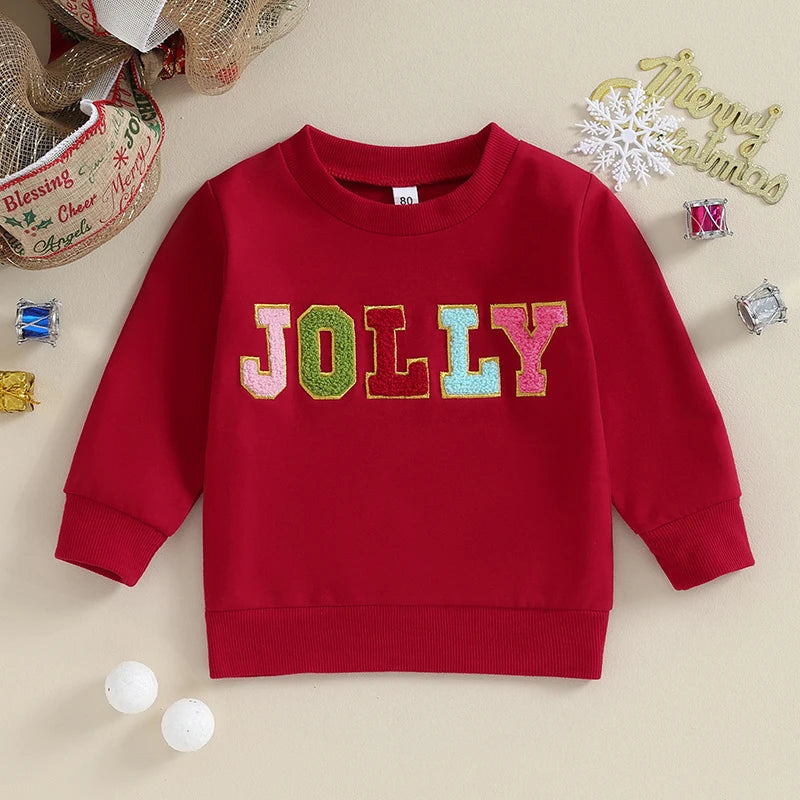 Toddler Christmas Sweatshirt Baby Boy Girl Holly Jolly Letter Embroidery Tops