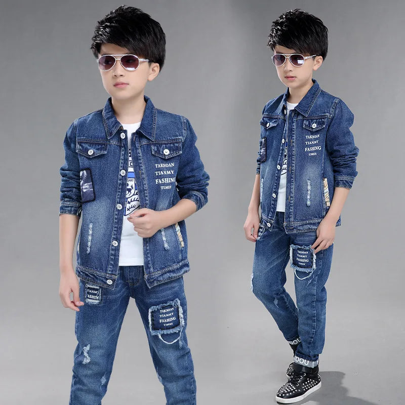 Teenage Boys Denim Clothes Set Autumn Children Jeans Coat and Pants Boys suit