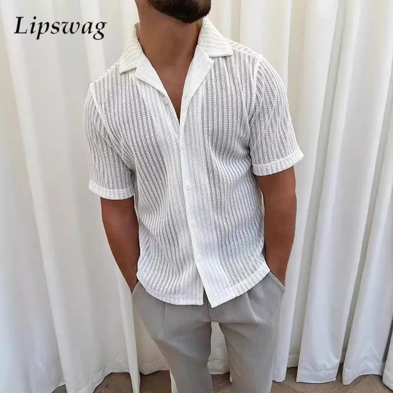 Casual Hollow Out Knitting Shirts for Mens Summer Fashionable See Through Mesh