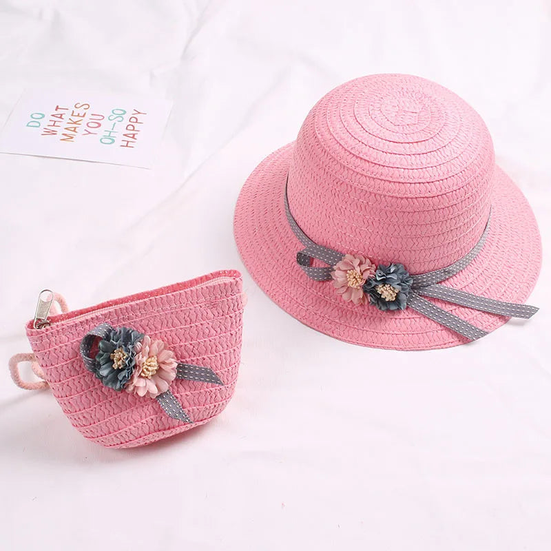 Summer Baby Flower Breathable Hat Straw Hat With Handbag Bags Kids Hat Girls