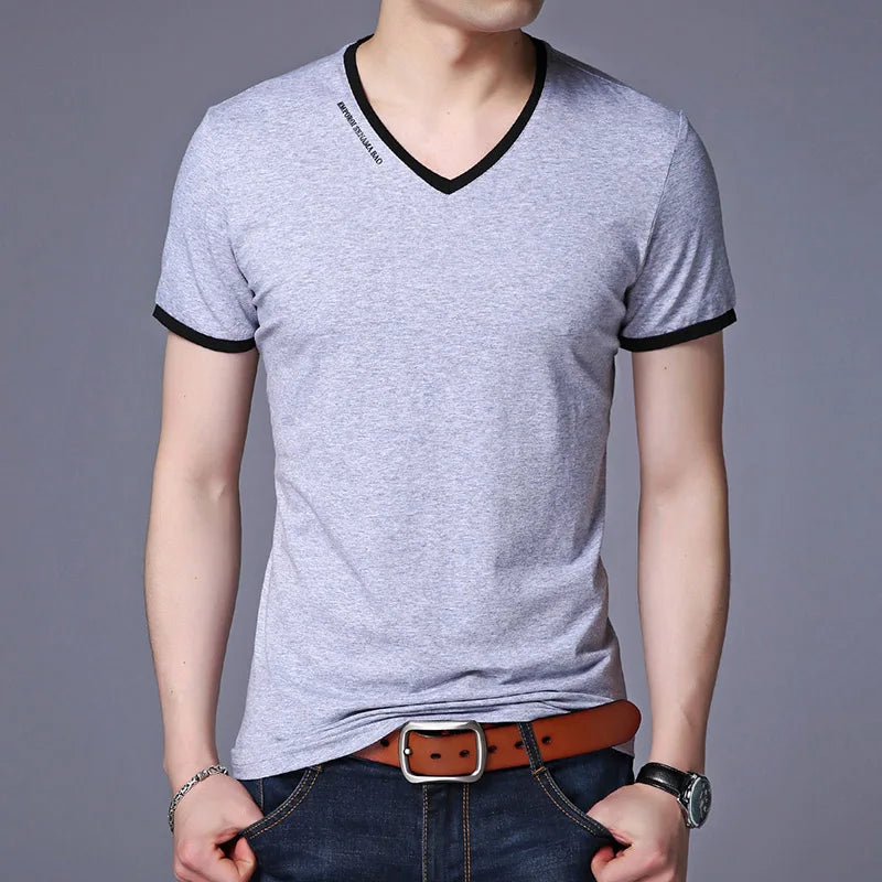 New Mens T Shirts Fashion Summer V-Neck Slim Fit Short Sleeve T Shirt