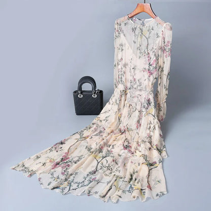 100% Silk Dresses Women Natural Silk Floral Dress Two Pieces