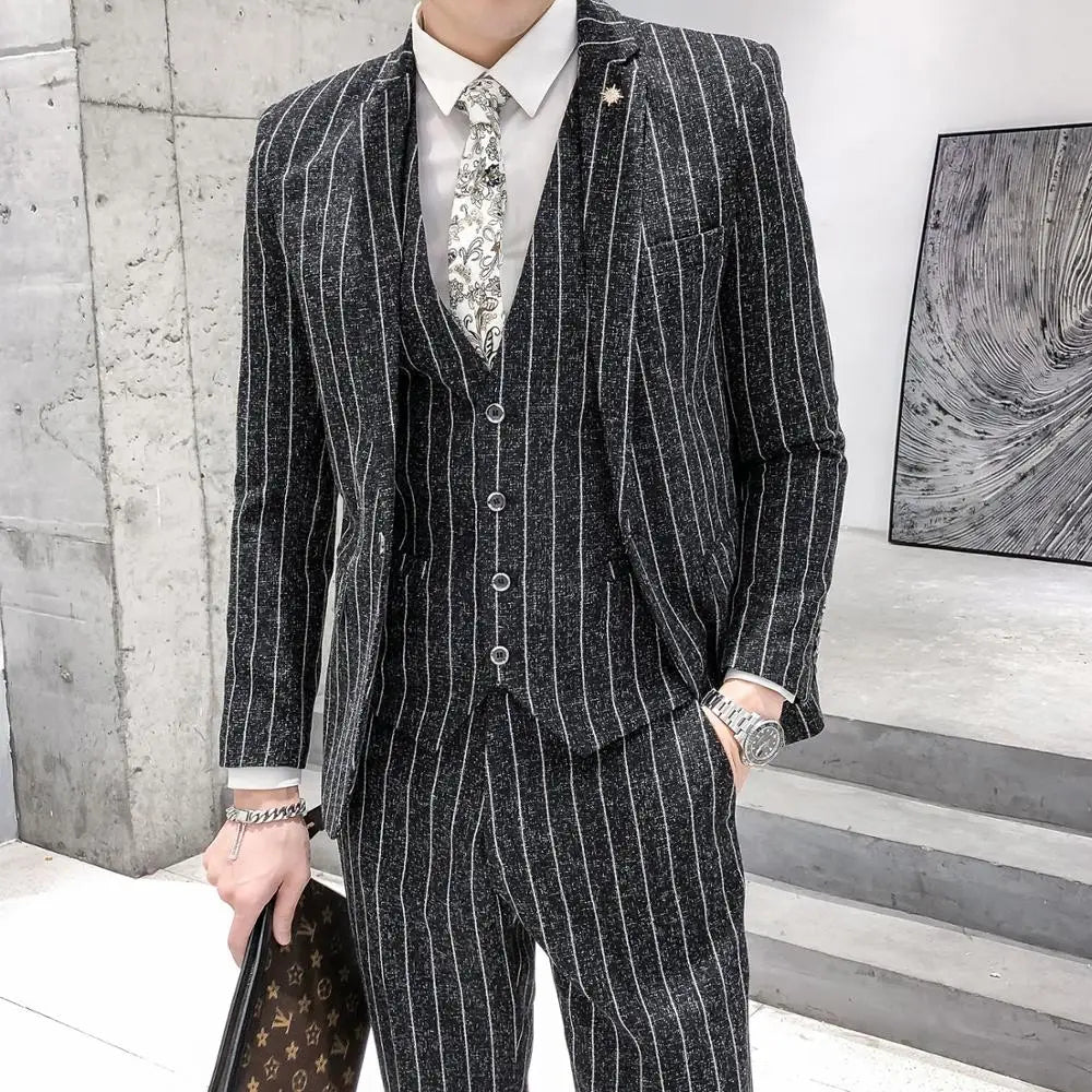 Striped Men's Suit Fashion Korean Slim Fit 3-Pieces Blazers+Pant