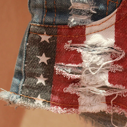 America Flag Denim Jeans Shorts Low Waist Hole Pockets Mini Shorts Pants Jeans