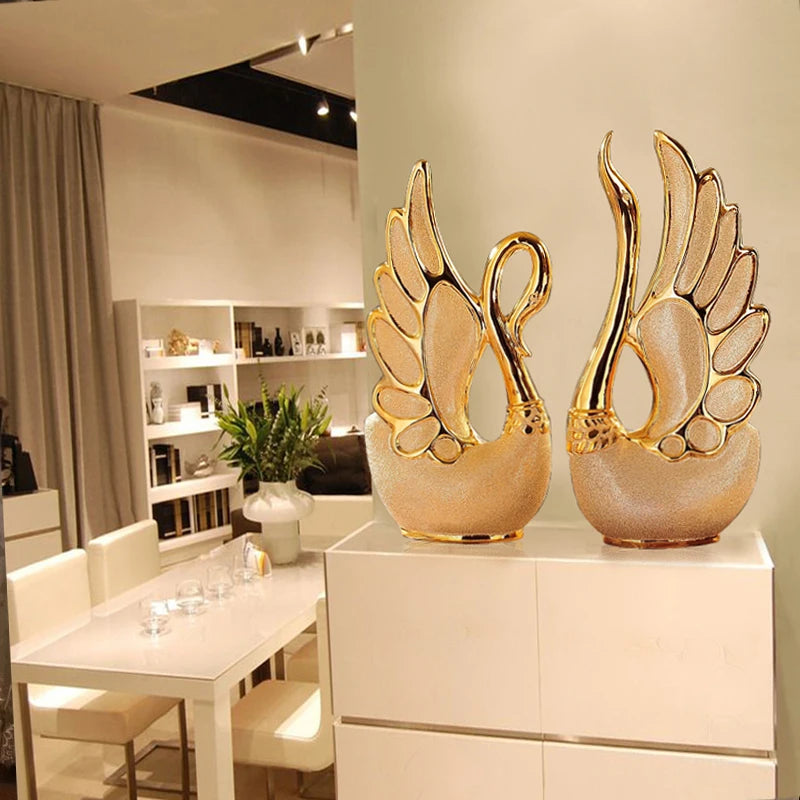 2PCS Gold Swan Lovers Home Decor Ceramic Crafts Porcelain Animal