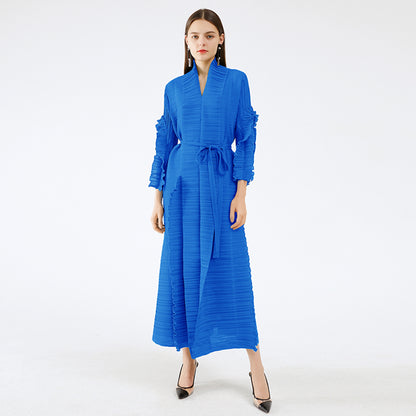 Miyake Pleated Long Petal Sleeve Dress Lapel Cardigan Sashes