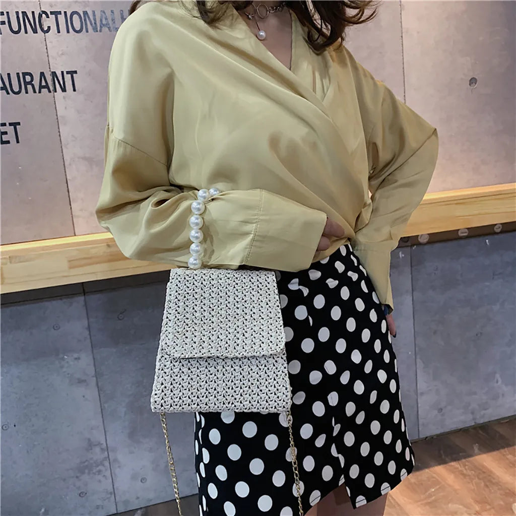 Summer Beach Straw Bag Crossbody Bags for Women 2022 Pearl Woven Rattan Women