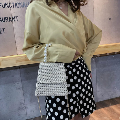 Summer Beach Straw Bag Crossbody Bags for Women 2022 Pearl Woven Rattan Women