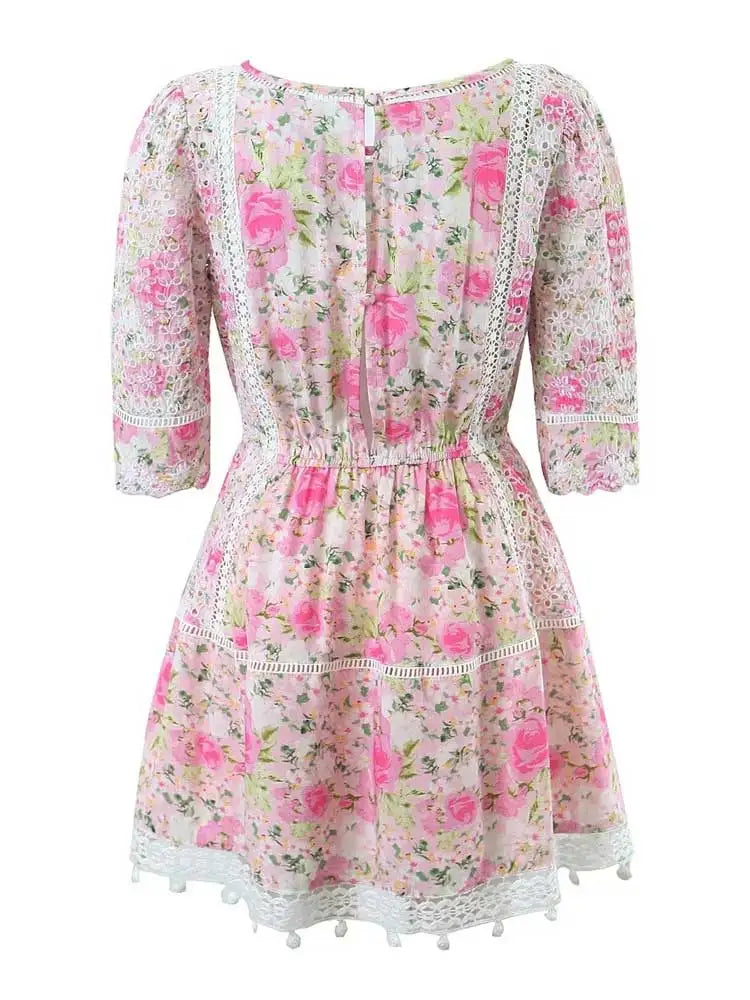 Boho Inspired Pink Floral Cotton Mini Dress Women