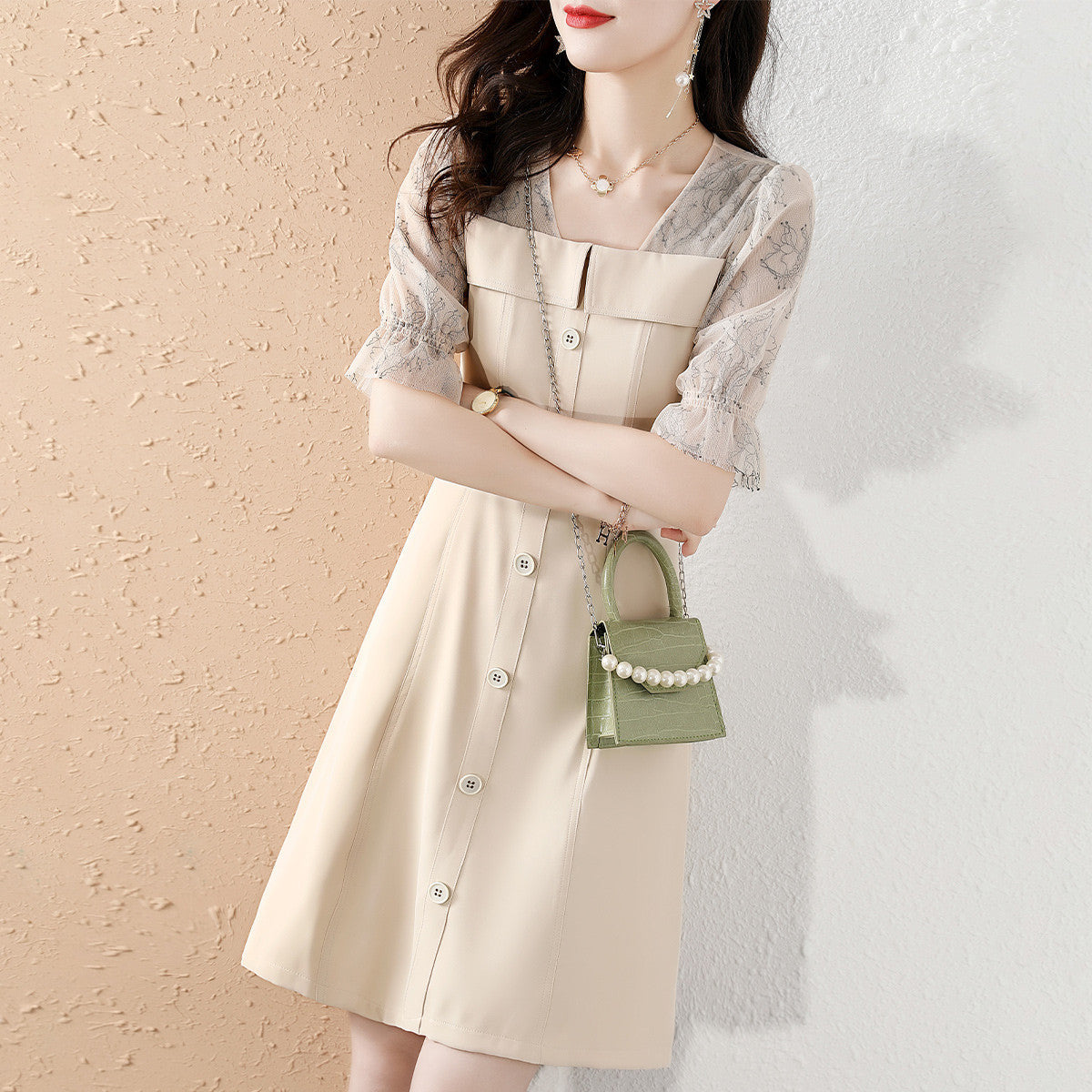 2022 Women Dresses Button Decor Half Puff Mesh Sleeve Korean