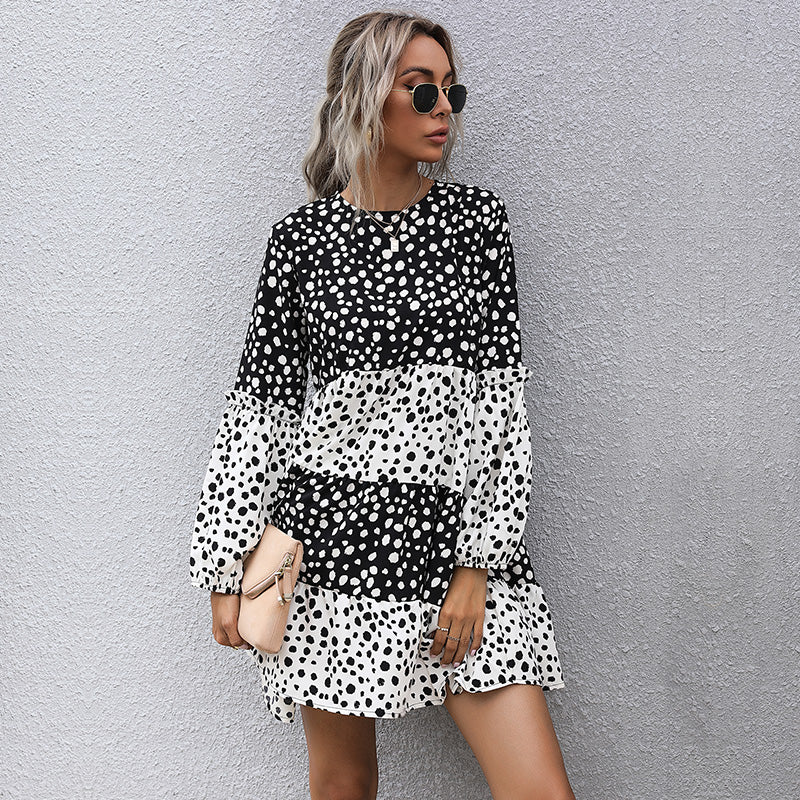 Fashion Dress Women Ladies Long Sleeve Black White Patchwork