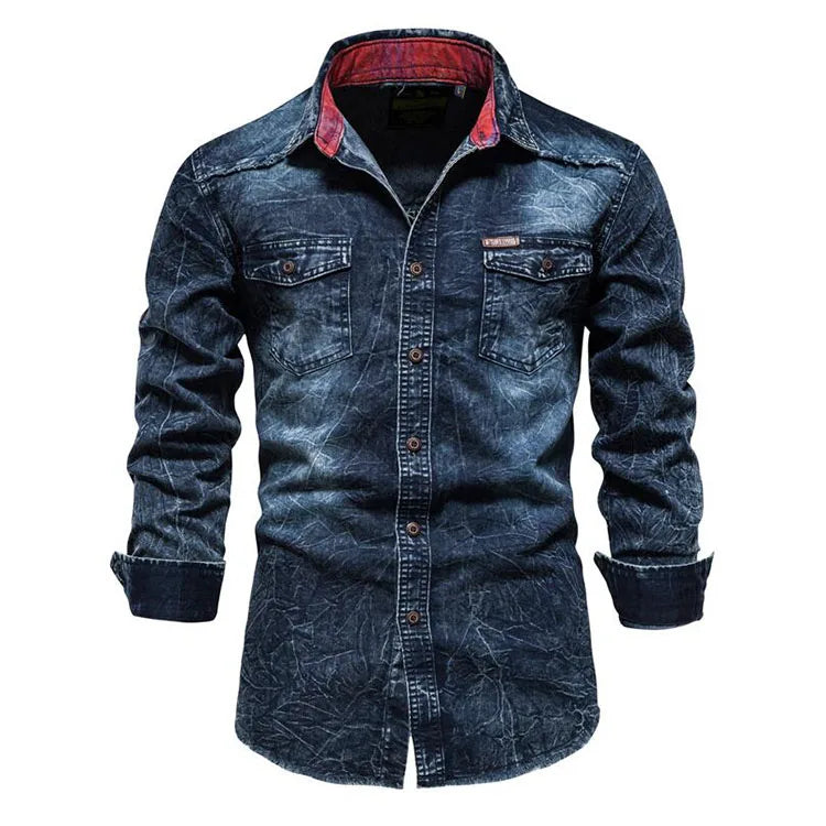 Autumn Cotton Slim Fit Denim Shirts Men Solid Color Long Sleeve Mens Jeans Shirt