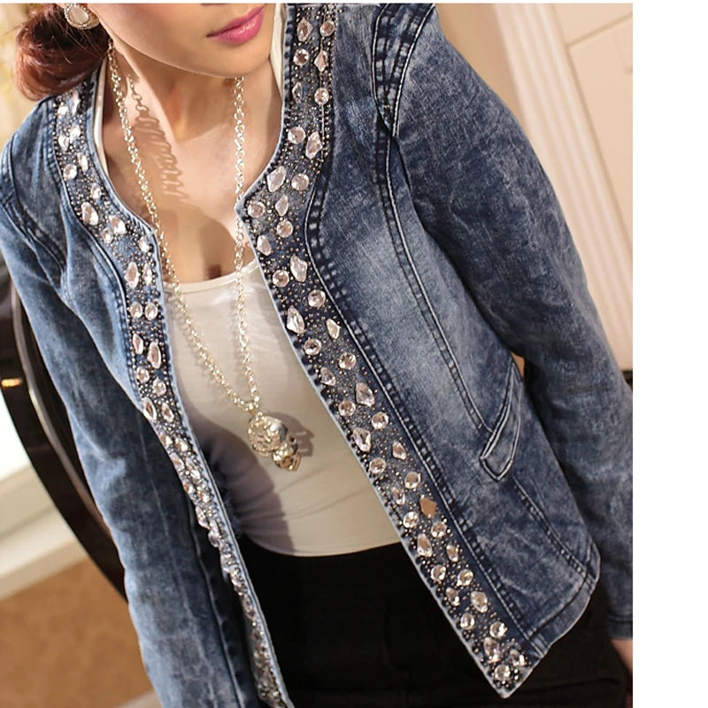 FMFSSOM New Spring Antumn Denim Jackets Vintage Diamonds Casual Coat