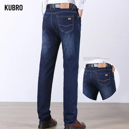 KUBRO Spring Jeans Men Cotton Business Casual Straight Stretch Denim Trouser