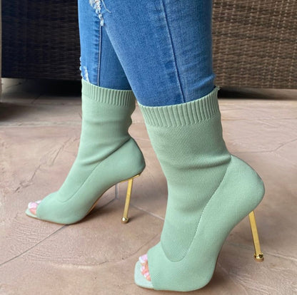 Ankle Boots Slip-On Open Toe Ladies Socks Boots Thin High Heels boots