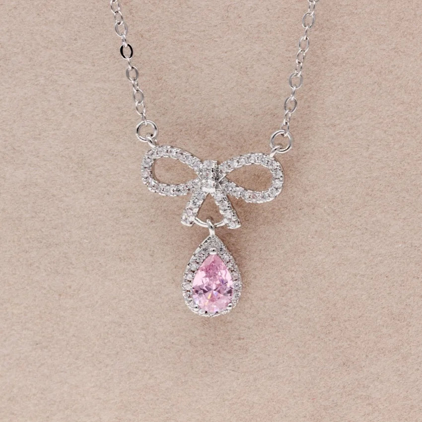 US Stock Bowknot Necklaces & Pendants Pink Crystal Water Drop Necklace