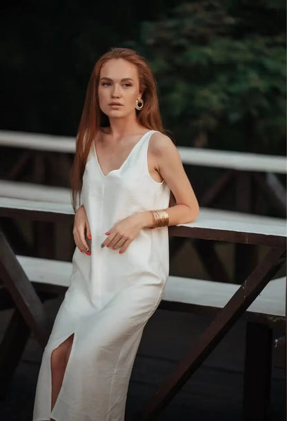 2024 Summer Women Solid White v Neck Sleeveless Fashion Dress Split Tank Dress