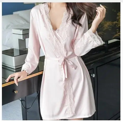 1620 Women's Satin Silk Woman Lace Robe Female Lace Bathrobe Womens Robes