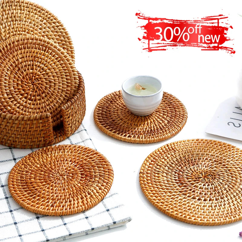 1PC Round Natural Rattan Coasters Bowl Pad Handmade Padding Cup Mats Insulation