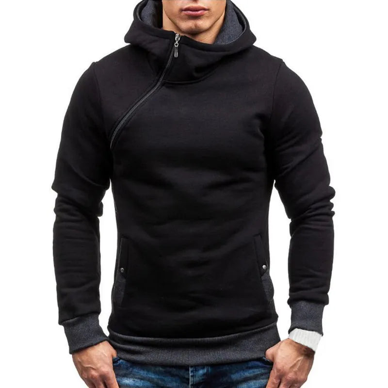 New Casual Solid Mens Hoodies Diagonal Zipper Long Sleeve Hoodie Sweatshirts Men