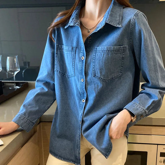 Xpqbb Deep Blue Denim Shirts for Women Spring Buttons Long-Sleeved Shirt