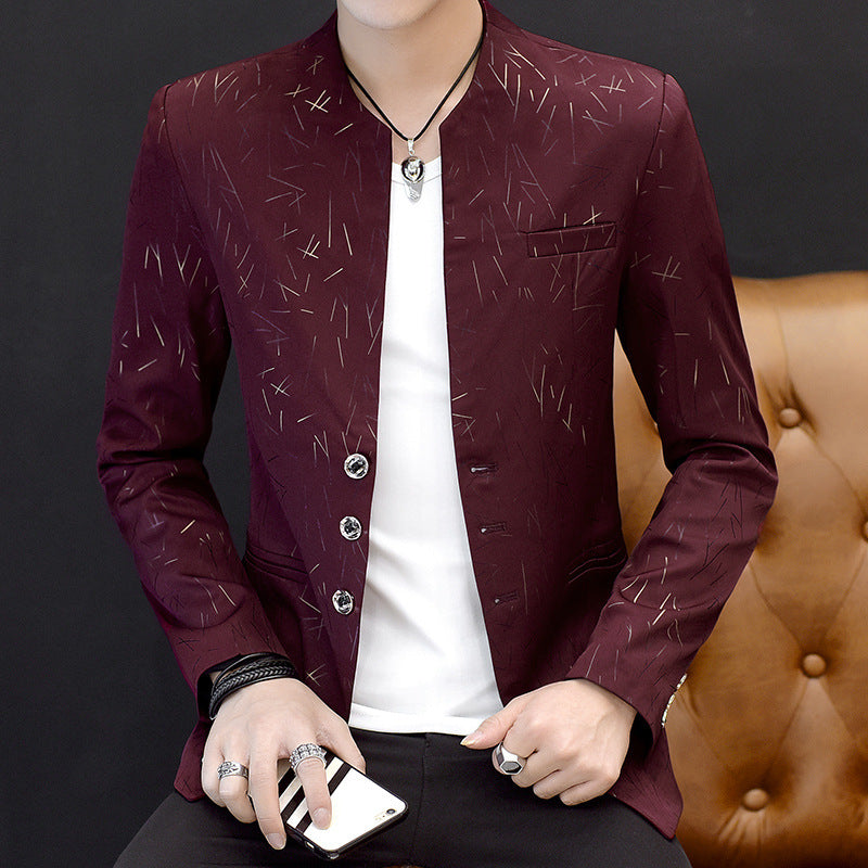 Men Blazer Suit Printed Slim Stand Collar Casual  Mens Suit Thin