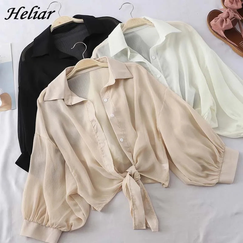 HELIAR Chiffon Shirts Women Half Sleeve Button Up Chiffon Blouses