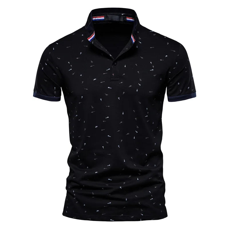 AIOPESON Casual Printed Polo Shirts Men Slim Fit Stand Collar Cotton Men's