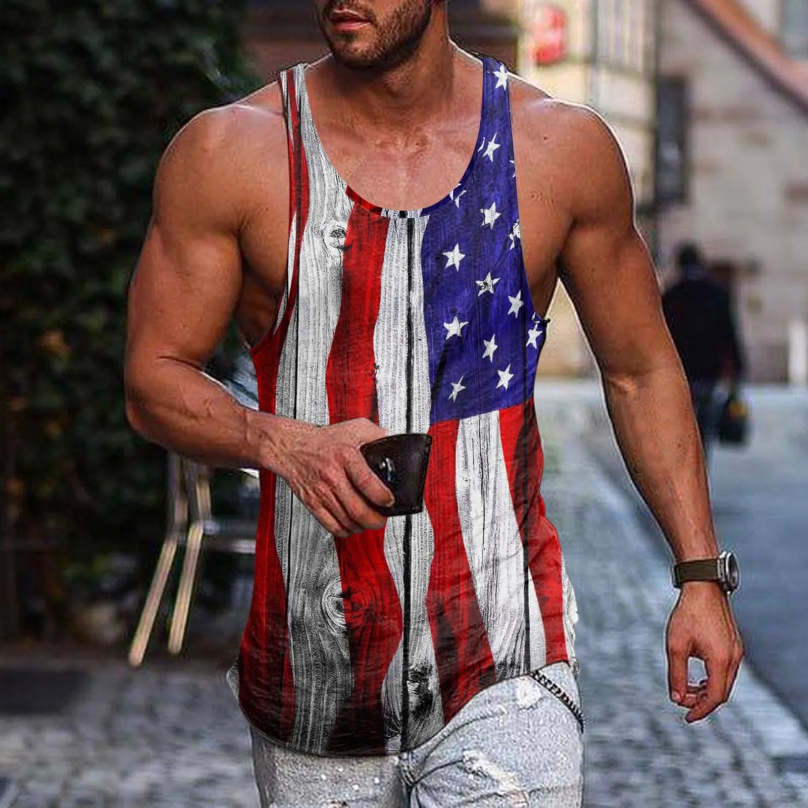 Men Summer Tank Tops Vests Casual Beach O Neck American Flag Printed