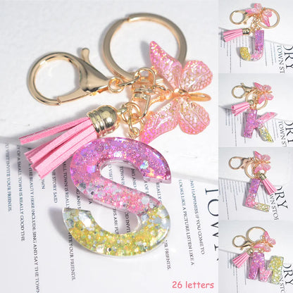 Cute Resin A-Z Initials Letter Keychain Pink Sparkle Butterfly Tassel Pendant