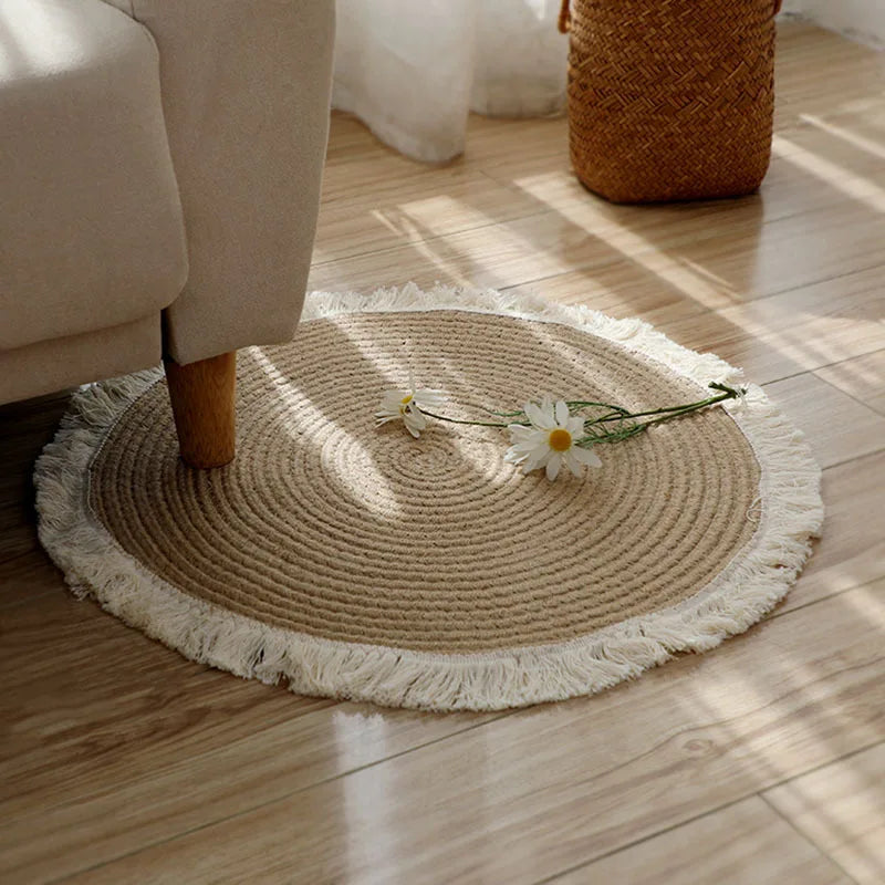 Natural Jute Carpet Hand-Made Rattan Grass Area Rugs Japanese Style Round Rug