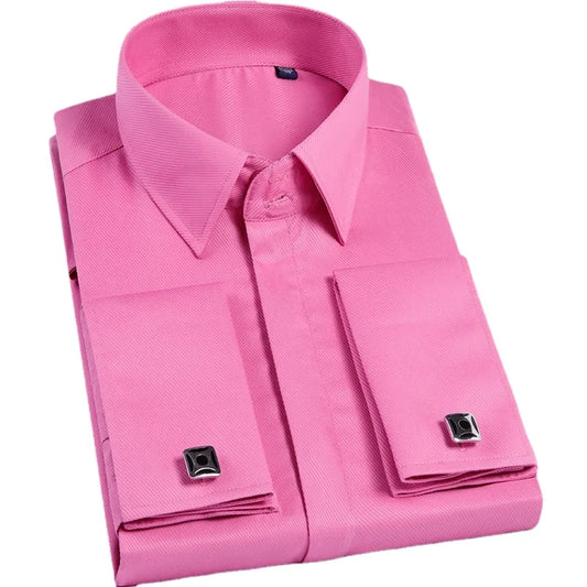 Quality Pink Men French Cufflinks Shirt Men's Shirt Long Sleeve