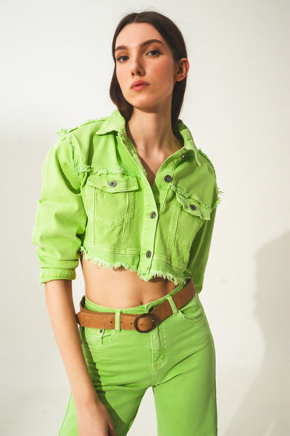 Cropped Denim Trucker Jacket in Acid Green