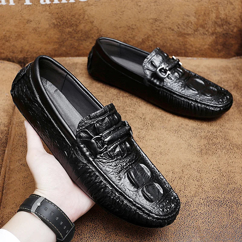 Mens Slip on Moccasins Men's Crocodile Pattern Loafers Genuine Leather Summer