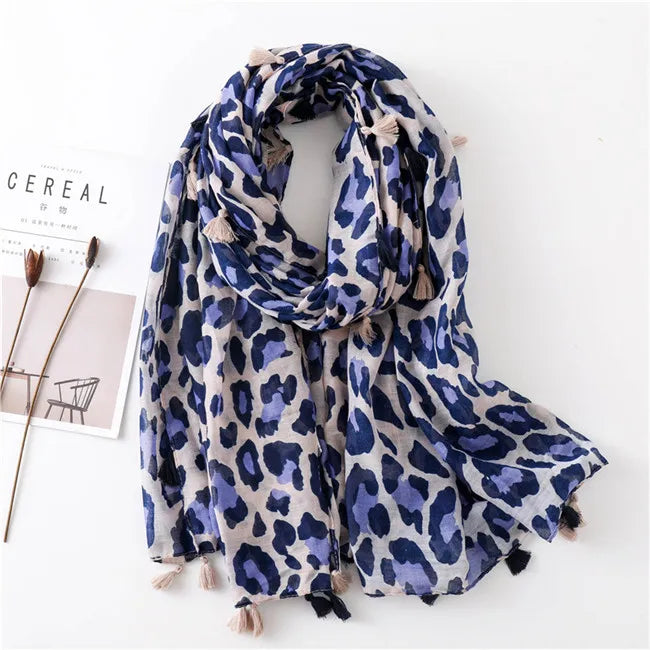 Autumn Winter Leopard Dot Tassel Viscose Shawl Scarf Women Print Neckerchief