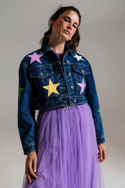 Crop Denim Jacket With Multicolored Stars